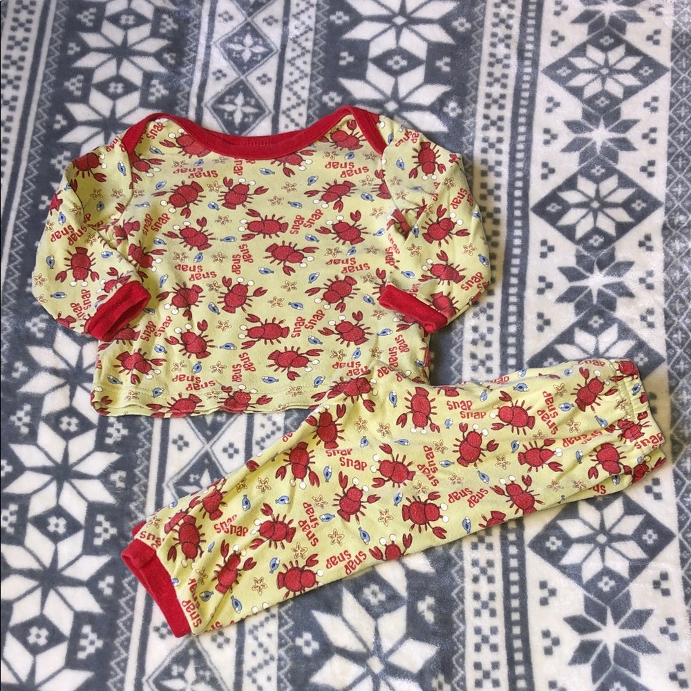 Green Crab Print Kids Pajama Set with Red Trim